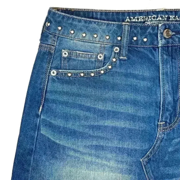 American Eagle Women Hi-Rise Festival Mini Jean Skirt SZ 4 Short Studded Frayed - Picture 3 of 5
